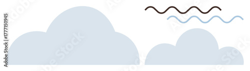 Two light blue clouds beneath black and blue wavy lines suggesting wind, air flow, and atmosphere. Ideal for weather, environment, nature, sustainability, climate, air currents and meteorology