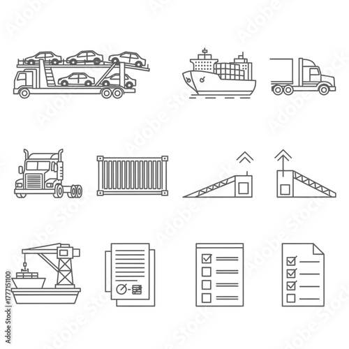 A set of thin line icons representing global freight, cargo transportation, and supply chain logistics management