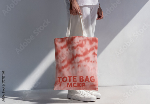 This mockup features a stylish white tote bag being held by man against a clean, minimalistic background.