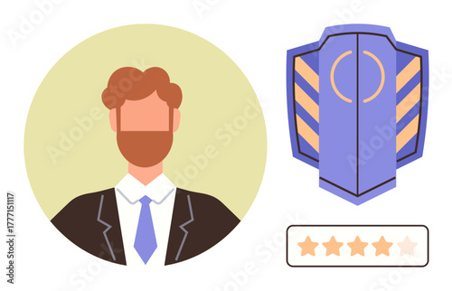 Professional portrait of a man in a suit alongside a shield and five-star rating system. Ideal for trust, reliability, service quality, reputation, business leadership, client review, simple flat