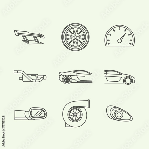 Vector Illustration Automotive Parts and Car Components Outline Set