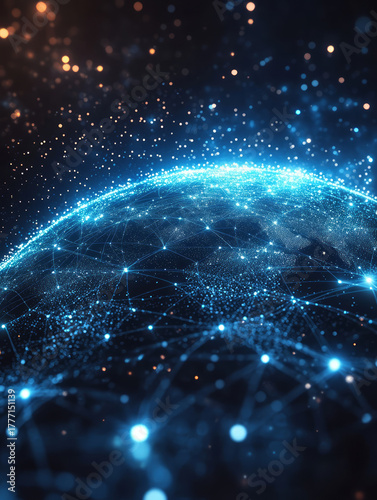 A business sphere composed of luminescent particles, representing a globally interconnected concept.