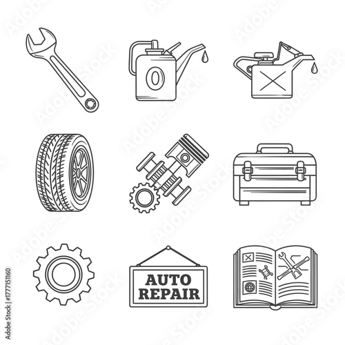 A set of monochrome outline icons representing automotive repair and car maintenance services, including tools, engine parts, and a workshop sign