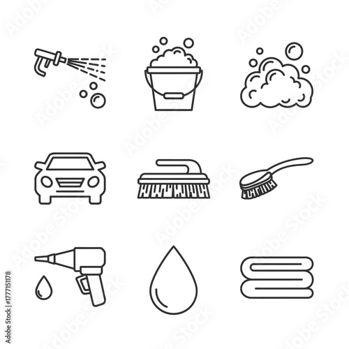 Car Wash Icons Set Cleaning Tools & Automotive Care Symbols in Outlined Style
