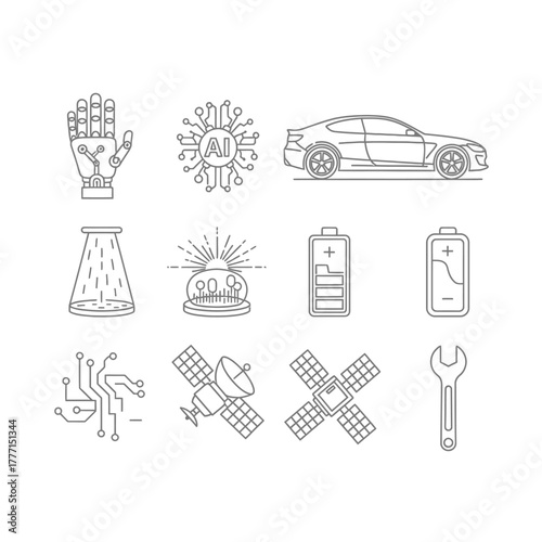 Collection of Technology and Industry Icons - AI, Robotics, Energy, and Transportation