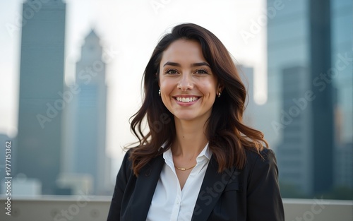 portrait spanish business woman outdoor with modern high-rise buildings in the background. High quality