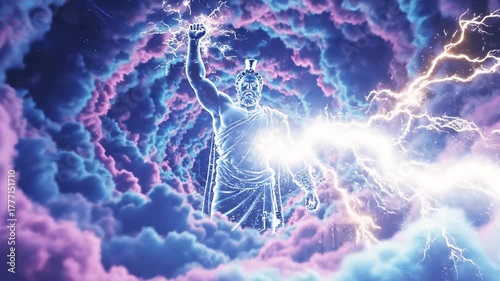 Animated god-like figure with lightning and ethereal clouds. A divine visual with bright light