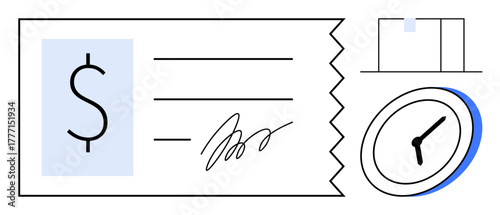 Financial check with monetary symbol, signature, and serrated edge accompanied by a clock and document. Ideal for finance, payment, billing, deadlines, transactions, timely actions simple flat
