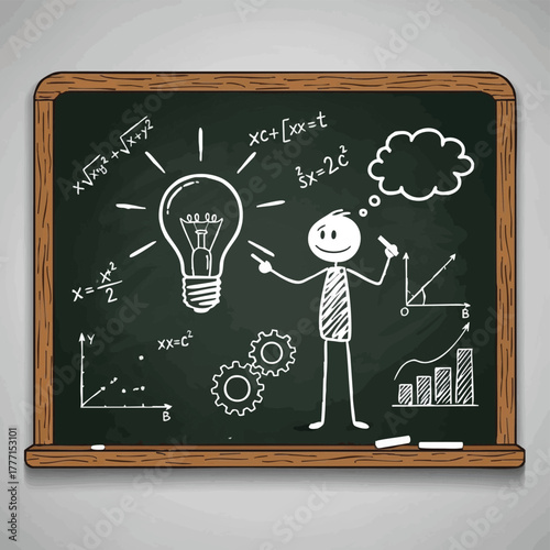 A chalkboard illustration showcases a stick figure with a lightbulb idea, surrounded by mathematical equations and thought bubbles, symbolizing creativity.