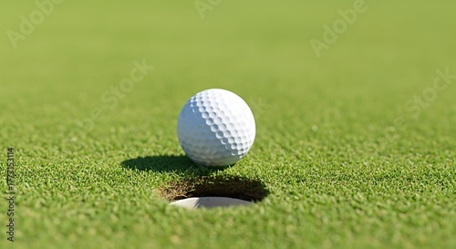 A white golf ball rests near the hole on vibrant green grass
