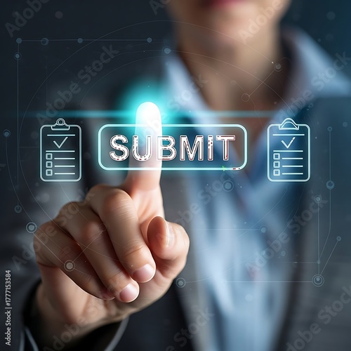 Person pressing a digital submit button with a clipboard interface