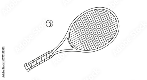 A simple black and white line art illustration featuring a classic tennis racket and a tennis ball, iconic equipment for the sport of tennis.
