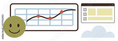 happy face beside upward trend chart with data points, checklist, and cloud. Ideal for success, progress, analytics, productivity, goal tracking, customer satisfaction simple flat metaphor