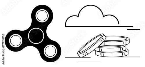 Fidget spinner alongside stacked coins and a cloud in a clean line art style. Ideal for recreation, relaxation, finance, technology, mindfulness, simplicity, and innovation concepts. Simple flat
