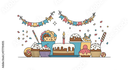 A vibrant illustration of assorted birthday party desserts, including cake, cupcakes, and ice cream, with festive banners and confetti.