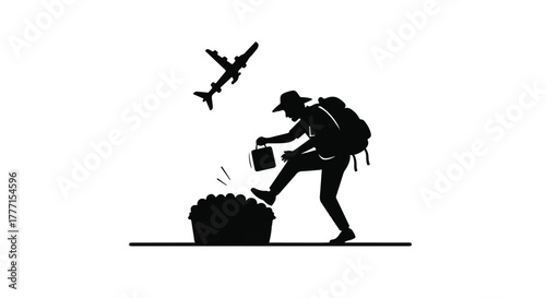 Adventurous traveler with backpack discards trash from a container while airplane flies overhead.