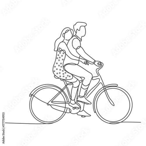 Continuous one line drawing of a man riding bike with his girlfriend hugging from behind, couple in love concept, single line art.
