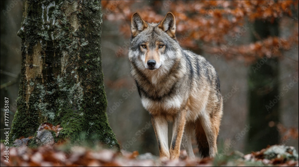 Fototapeta premium A majestic wolf stands confidently among colorful autumn leaves showcasing natures beauty.