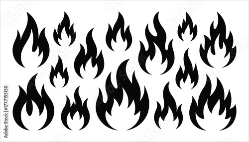 Collection of black stylized flame icons and symbols on a white background fire heat