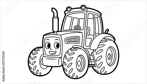 Black and white cartoon illustration of a friendly tractor with a smiling face and large wheels farm vehicle