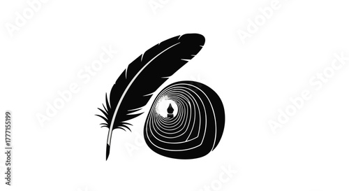 A delicate feather rests beside a mesmerizing, spiraling orb, symbolizing creativity and contemplation.