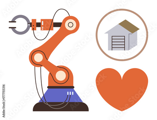 Industrial robotic arm alongside a circle with a warehouse and a heart. Ideal for technology, manufacturing, warehouse logistics, innovation, labor efficiency, industry, simple flat metaphor