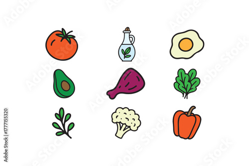 Colorful Dietary Elements Vector Illustration Set on White Background.