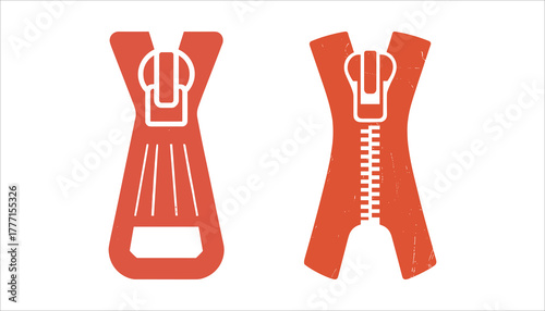 Two stylized orange zippers with white pull tabs on a white background fastener closure