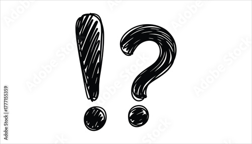 Hand drawn black exclamation mark and question mark symbols on white background punctuation