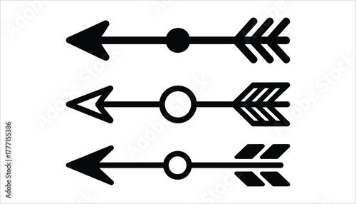 Three black stylized arrows pointing left with different fletching and shaft details on a white background