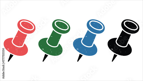 Four textured push pins in red green blue and black arranged in a row on a white background thumbtack