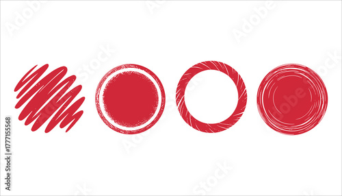 Four red circular graphic elements with different textured brush stroke styles on white background circle