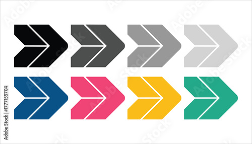 Eight chevron arrows in black gray blue pink yellow and teal colors pointing right direction movement
