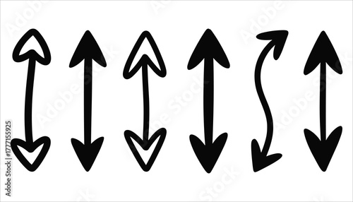 Six black hand drawn arrows pointing up down and sideways on white background left right
