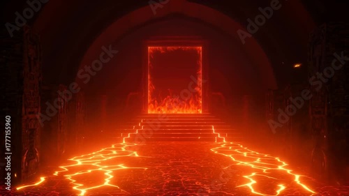 Inferno entrance with glowing lava floor and fiery portal, digital render of hellish landscape animation