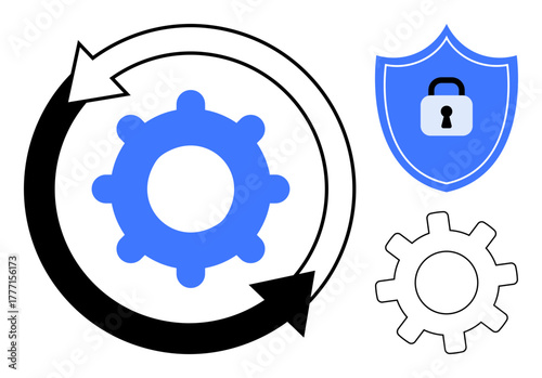 Gear inside circular arrows indicating a workflow, shield with a lock for security, small gear enhancement. Ideal for teamwork, operations, efficiency, security, automation, technology business