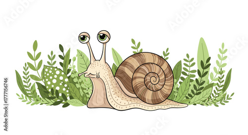 An adorable cartoon snail with big green eyes and a brown striped shell, shedding a tear while surrounded by lush green foliage.