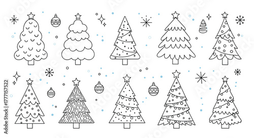 A delightful collection of outlined Christmas trees in a simple, doodle style, featuring various festive decorations and snowflakes on a white background.