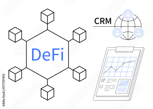 Blockchain network with DeFi, connected CRM icons, and clipboard with analytics chart. Ideal for fintech, digital economy, blockchain, data management, CRM, business strategy simple flat metaphor