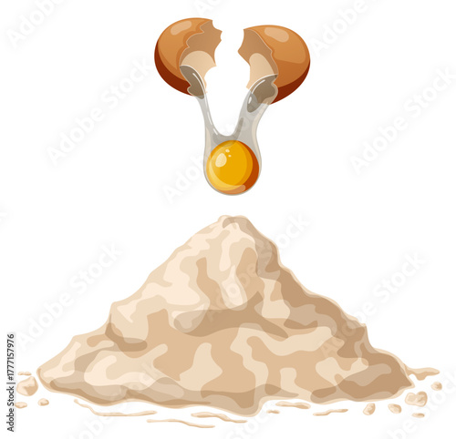 Egg Shell Cracked Open with Yolk and White Dropping on Pile of Flour – Baking Ingredient Illustration for Cooking, Pastry, and Recipe Designs