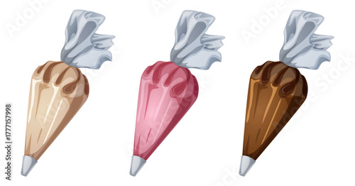 Set of Handmade Piping Bags with Vanilla, Strawberry, and Chocolate Frosting. Pastry Decoration Tools with Metal Nozzles