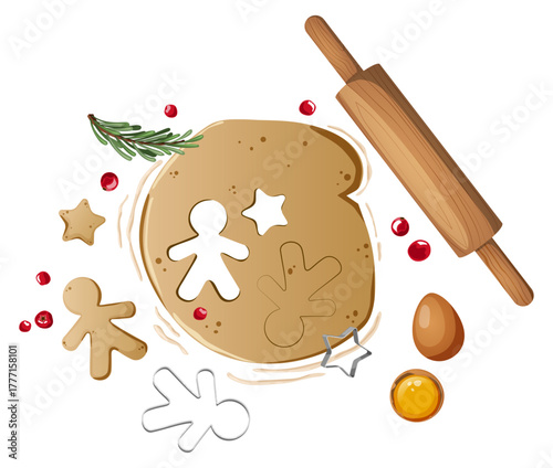 Gingerbread Cookie Dough with Rolling Pin, Cookie Cutters, Egg, and Cranberries Overhead View – Christmas Baking Process Illustration for Holiday Recipes, Cards, and Food Designs