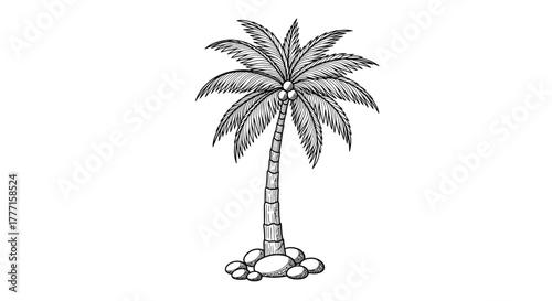 Hand-drawn black and white sketch of a tropical coconut palm tree with rocks at its base, isolated on a clean white background.