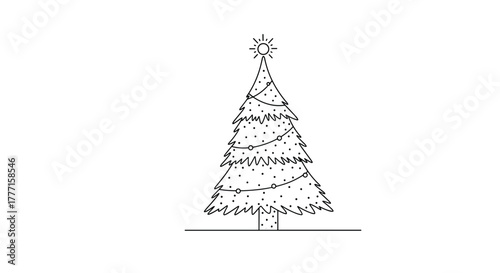 Festive line art illustration of a decorated Christmas tree with lights, ornaments, and a bright star, capturing the spirit of the holiday season.