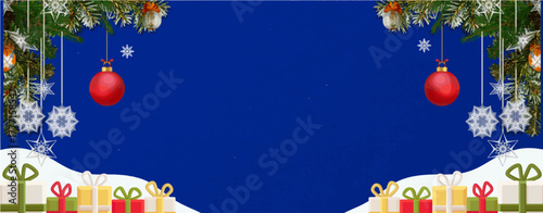 christmas eve decoration with hangings of snowflakes, branches fir and gifts template for copyspace on blue background