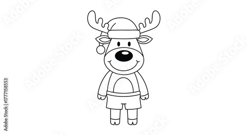 Cute cartoon reindeer wearing a festive Santa hat and casual shorts with suspenders, presented as a black and white outline drawing for coloring.