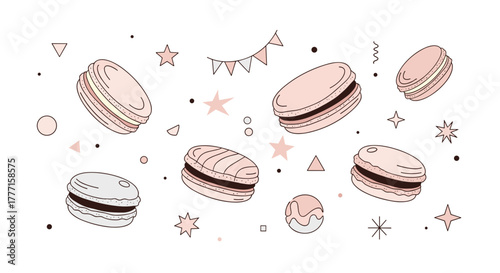A delightful seamless pattern featuring hand-drawn style pastel pink and gray macarons with various scattered decorative elements, perfect for sweet designs.