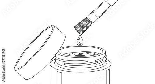 A brush with a drop of liquid hovering over an open jar of liquid, suggesting application or mixing of cosmetics or glue.
