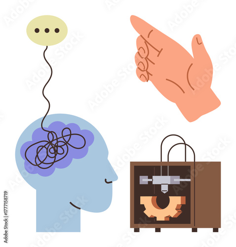 Human head with tangled thought, a hand in gesture, and a 3D printer creating a piece. Ideal for creativity, innovation, problem-solving, technology, communication, brainstorming abstract thinking