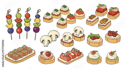 A diverse assortment of gourmet appetizers, canap�s, and colorful fruit skewers, perfect for party snacks.